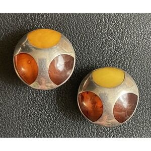 Baltic Amber Sterling Silver Earrings Clip ons Signed GK Modernist MCM 925